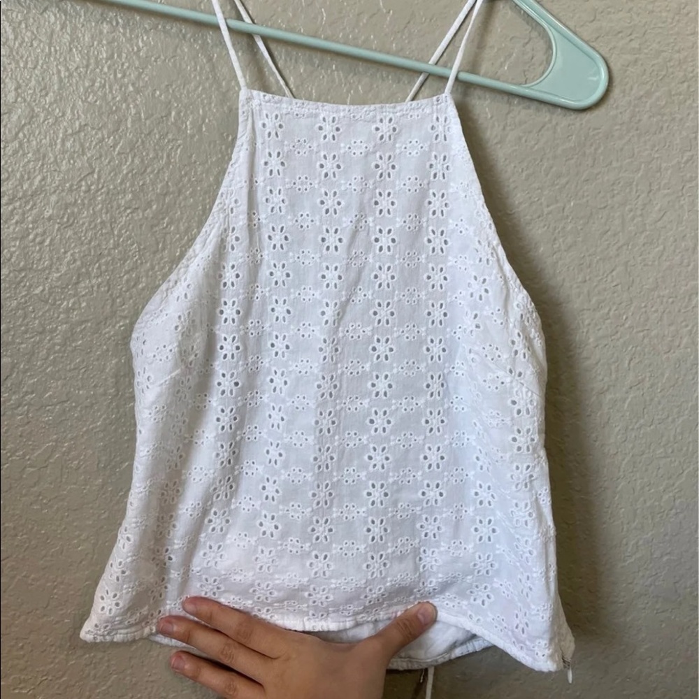 White Floral Lace High Neck Open Back Top